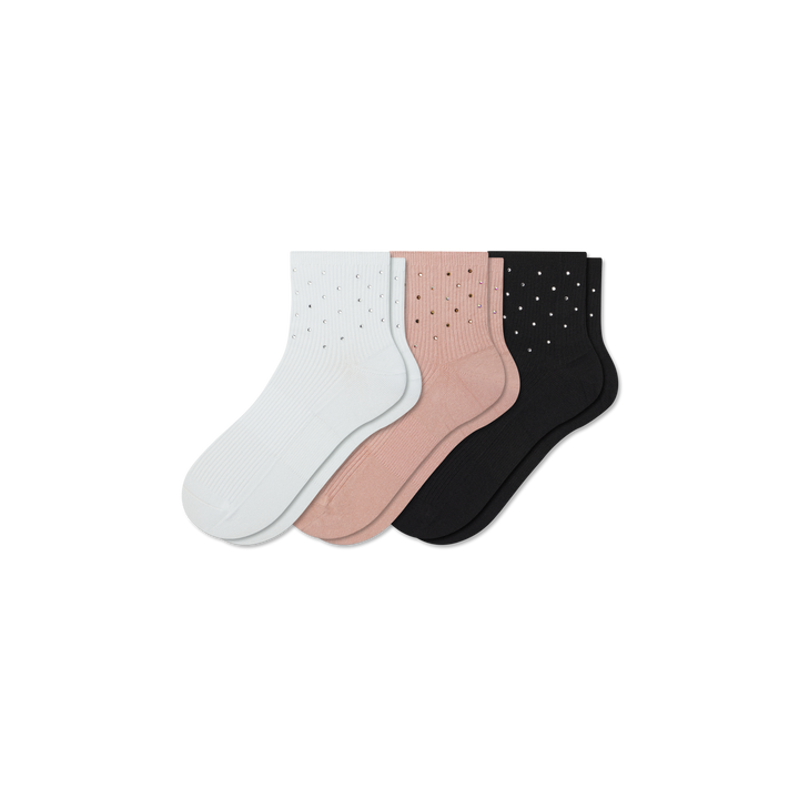 Women’s Rhinestone Rib Quarter Sock 3-Pack - apricot mix L [10289]