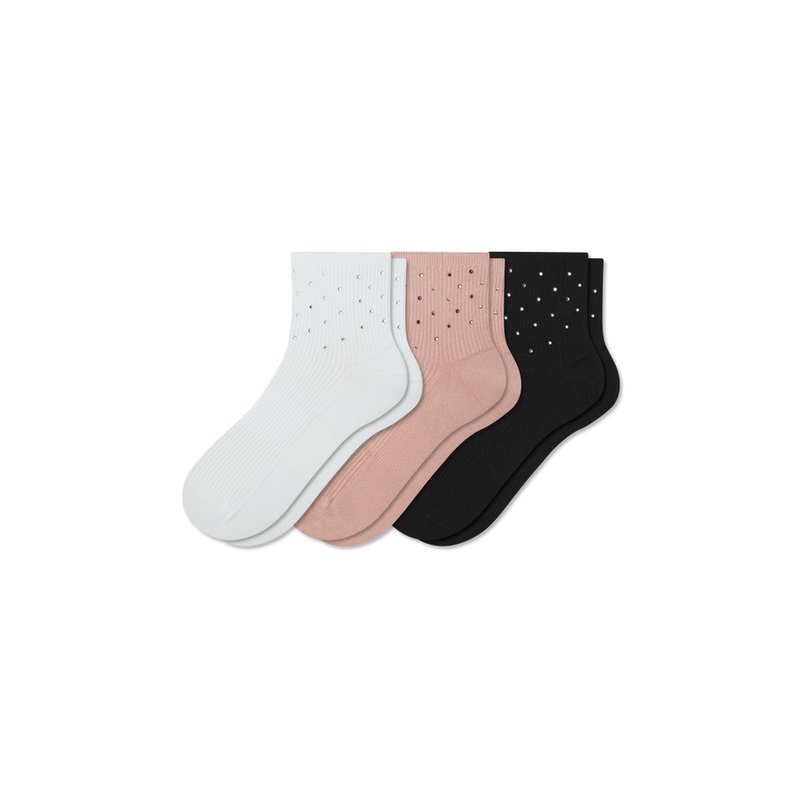 Women’s Rhinestone Rib Quarter Sock 3-Pack - Studio Home Support